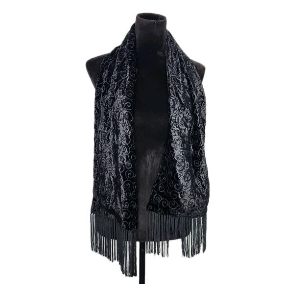 Unbranded Vintage Black Embroidered Velvet Rectangle Scarf w/ Fringe 11x52 in - Picture 1 of 3